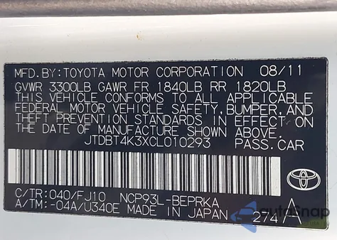 2012 Toyota Yaris from USA, damaged, VIN JTDBT4K3XCL010293